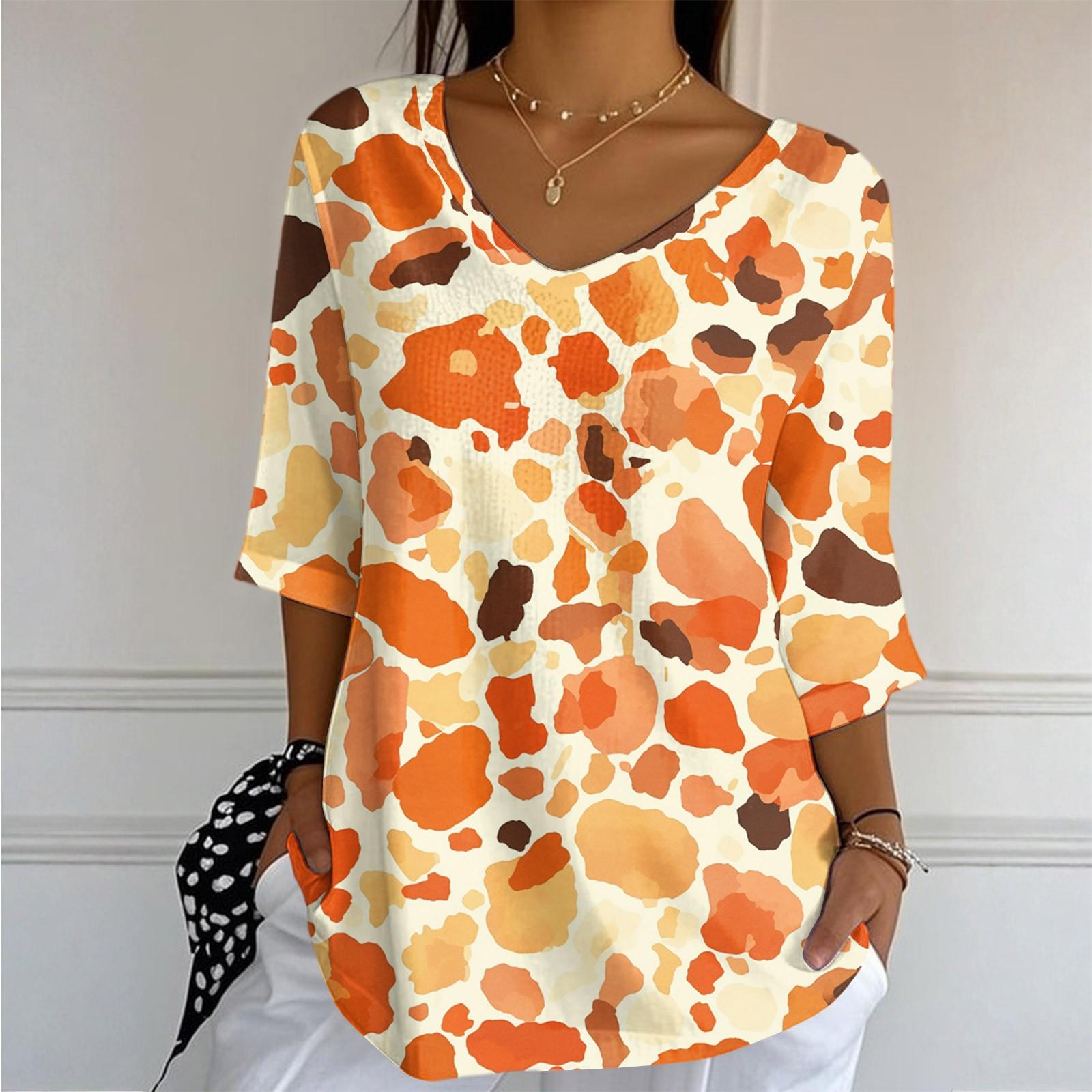 

Женский повседневный и модный топ с V-образным вырезом, цветочным принтом и рукавами три четверти M оранжевый