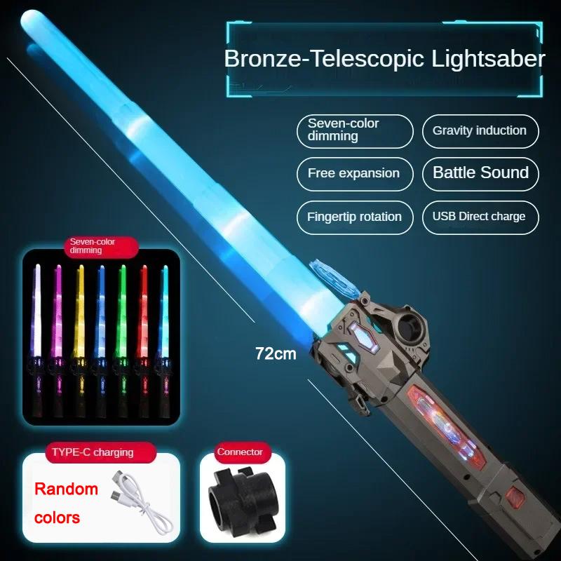 Children Colorful Glowing Sword Toys Telescopic Music Laser Sword 2-In-1 Rotating Decompression Light Sword Kids Adult Boys Toys