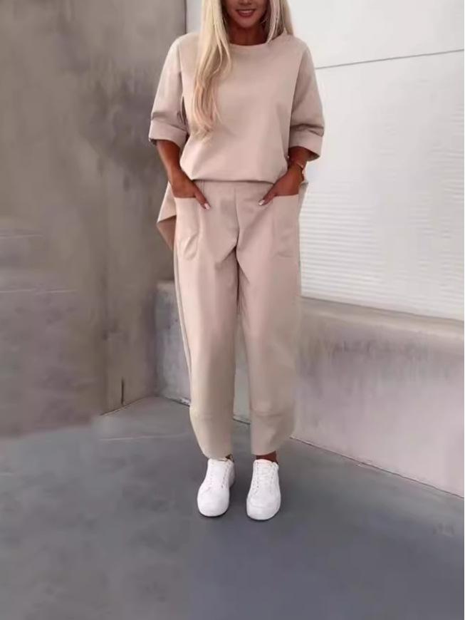 2024 European & American Women's Loose Casual Two-Piece Set: Solid Color Crew Neck Top & Nine-Point Pants for Autumn