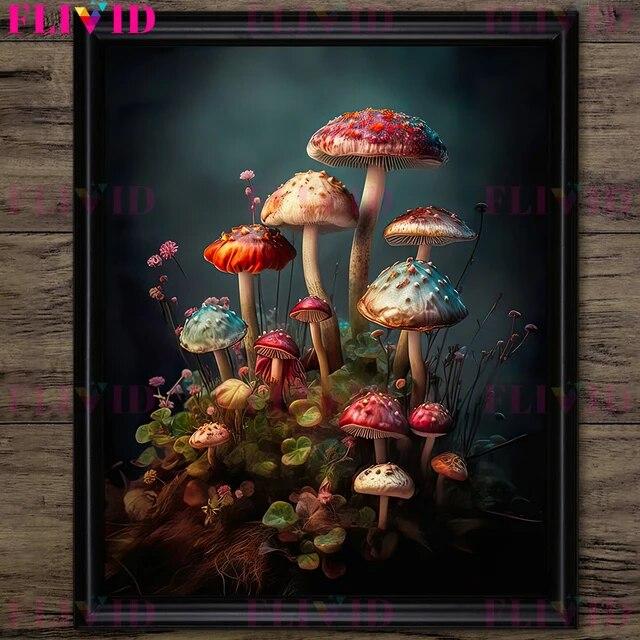 Dark Forest Mushroom And Vintage Pink Roses Vintage Wall Art Print Dark Botanical Witchcraft Gothic Art Poster Print Decoration No Frame