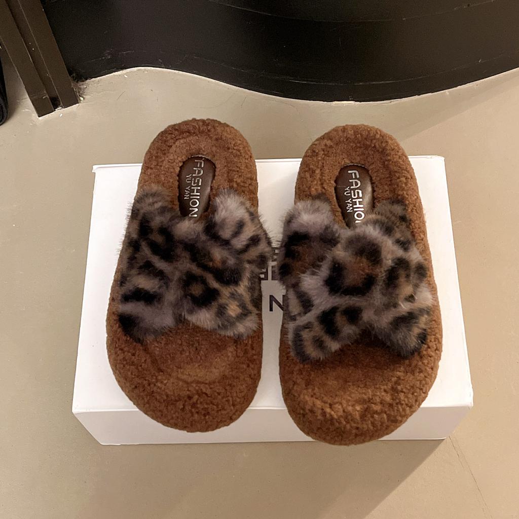 Dicksohlige flauschige Hausschuhe Damenschuhe 2025 Herbst und Winter neu große Größe doppelgestreift offen Zehen Samt Baumwollhausschuhe