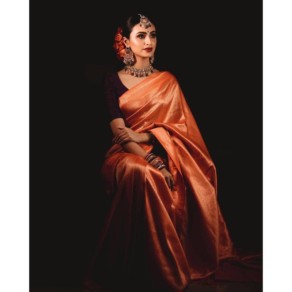 Seiden-Sari aus dem ALMAARI-Store ist mit wunderschönen Zari-Arbeiten in Form traditioneller Motive verziert.