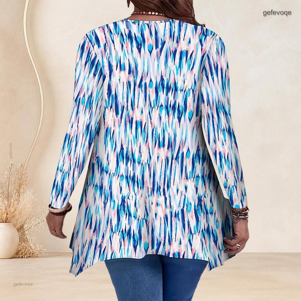 Women Plus Size V Neck Long Sleeve Purple White Tie Dye Irregular Hem Tunic Top