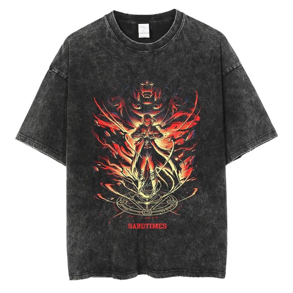 Hip Hop Washed Vintage T Shirt Streetwear Tops Japanese Anime Fullmetal Alchemist Print Tshirt Cotton Casual Summer Tshirts