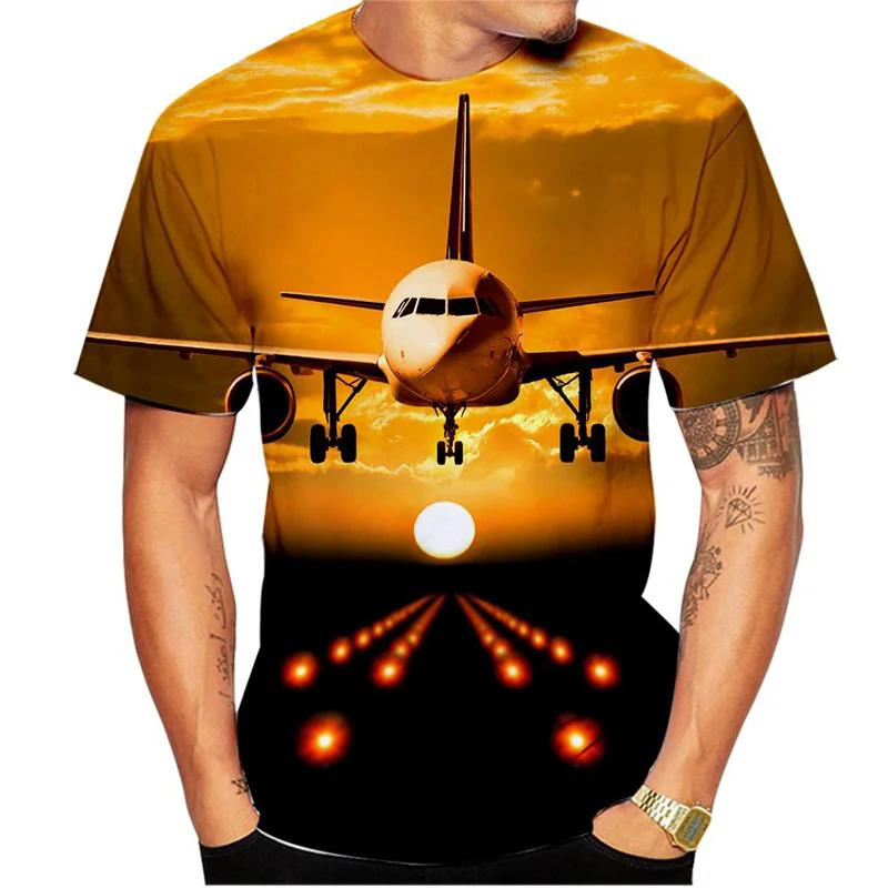 Summer new men's T-shirt 3D printed short sleeved airplane pattern fashion trend round neck