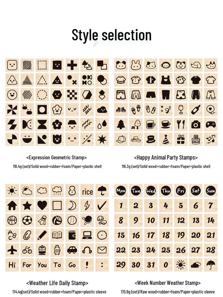 42-Piece Beech Wood Stamp Set: Numbers, Letters, Shapes & Emoticons.