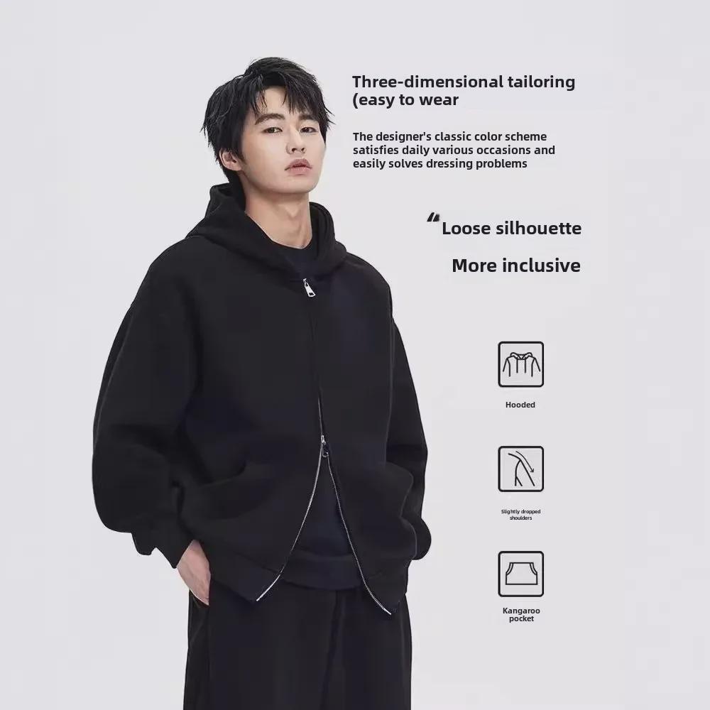 Heavyweight 500g Oversized Men's Retro Hooded Jacket with Double Zippers, Anti-Wrinkle Design