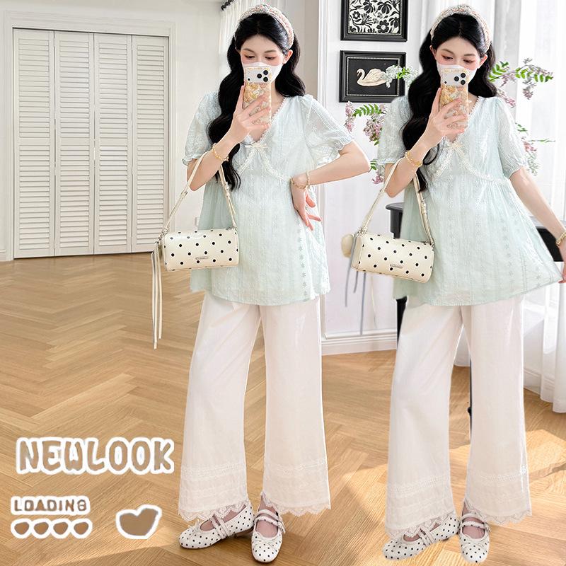 Summer 2026 Maternity Lace V-Neck Top & Nine-Tenth Straight-Leg Pants Set M
