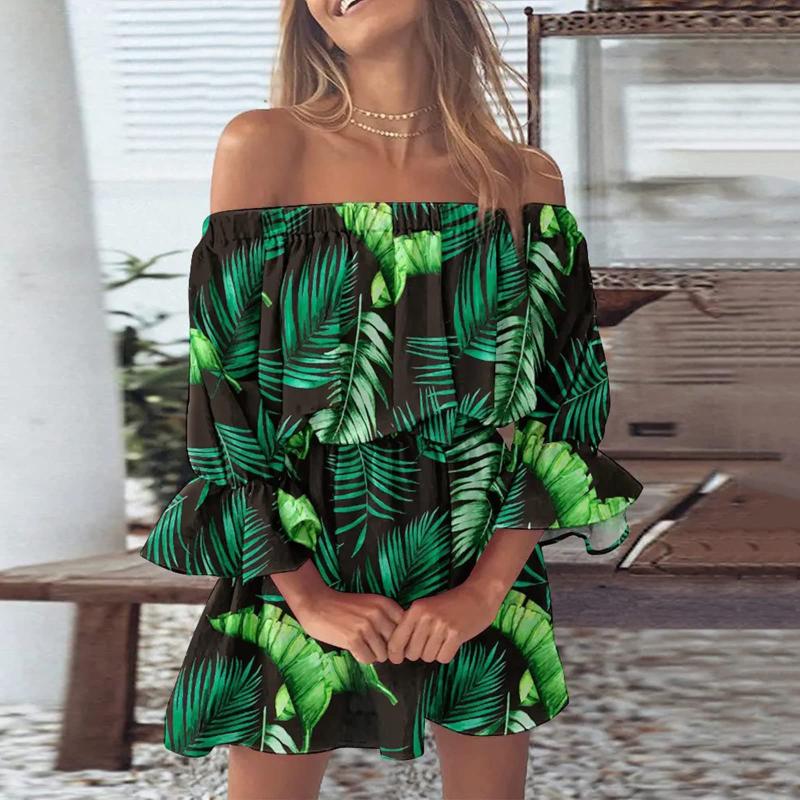 Women Floral Print Mini Dresses Summer Sexy Off Shoulder Flare Sleeve Tunic Dress Female Casual Boho Beach Dress