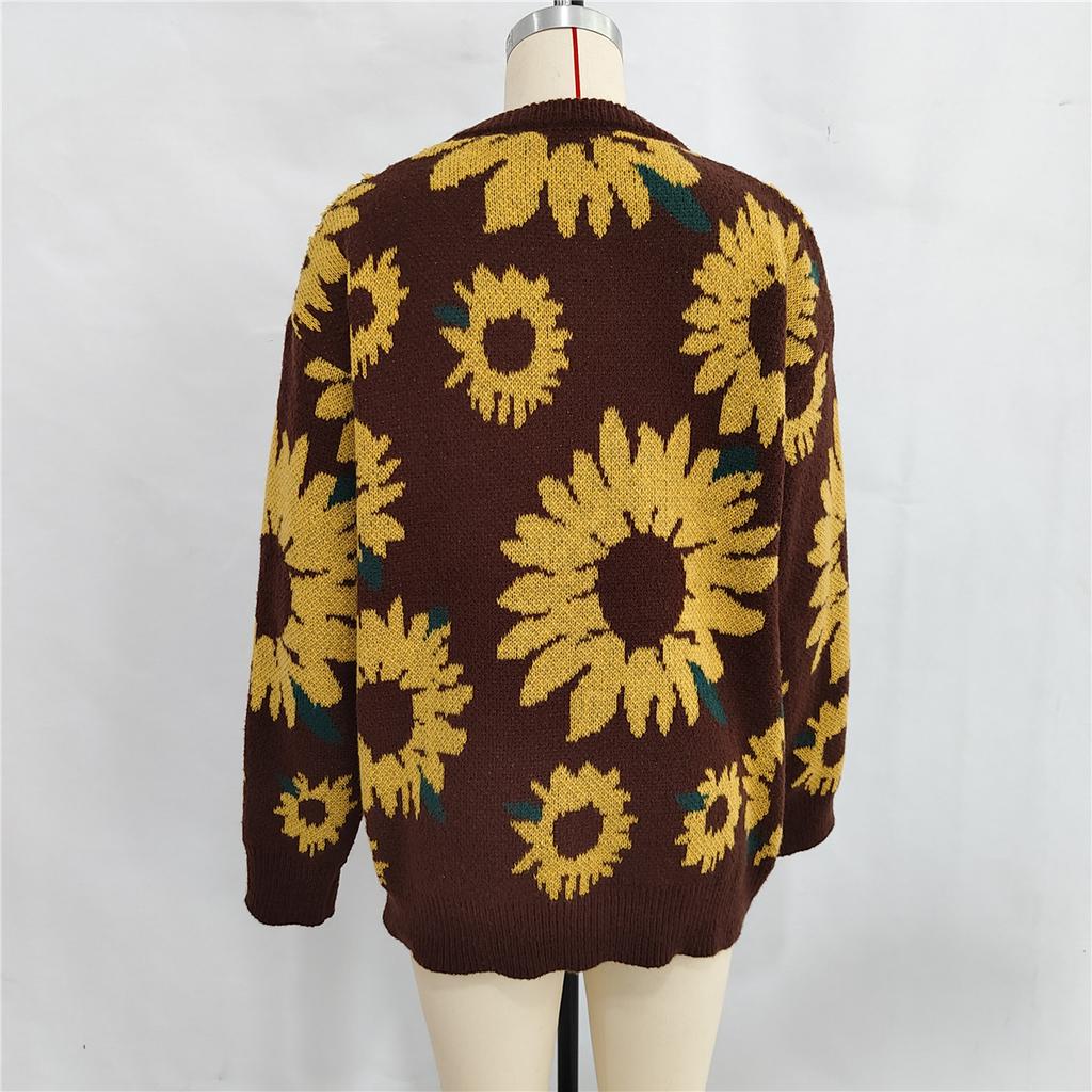 Autumn and winter new top sunflower jacquard round neck long sleeved knitted pullover sweater for women 3589