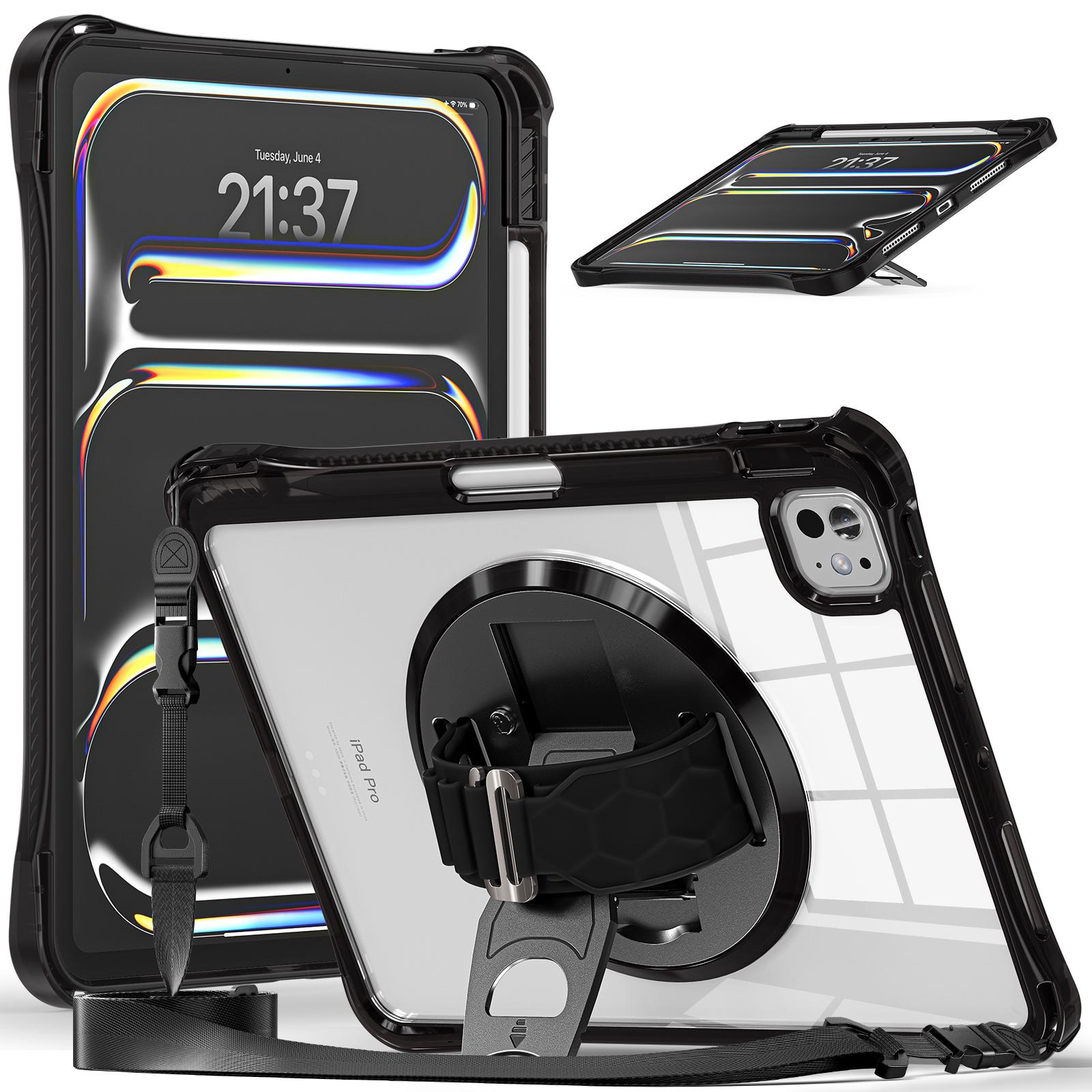 

Для iPad Про 11 (2024) Чехол-подставка с ремешком на руку из ПК+ТПУ+акрила с плечевым ремнем Black