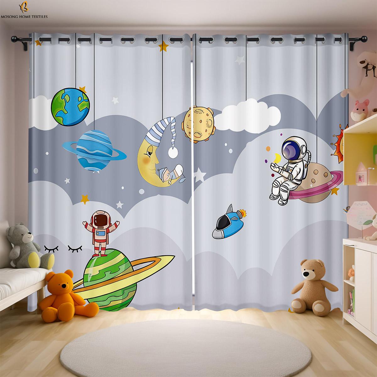 

2-Pack Animation Cartoon Space Astronaut Print Curtain Bedroom Living Room Study Children s Room Decorative Curtain W50xH130(CM)x2PCS&Rod pocket