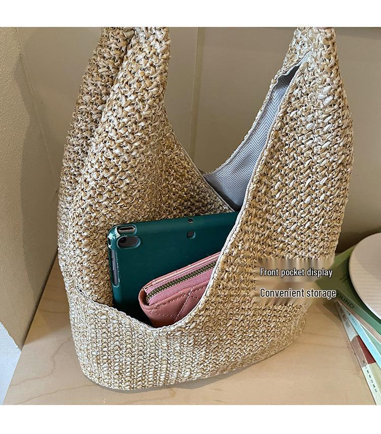 2023 Trendy Women's Large Capacity Textured Straw Tote & Shoulder Beach Bag