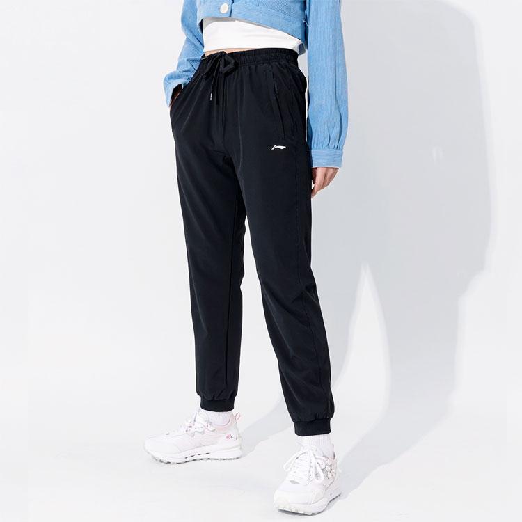 Li Ning Sports Lifestyle Series Logo Print Solid Color Cuffed Casual Sports Pants Women bottoms Black AYKS466-1