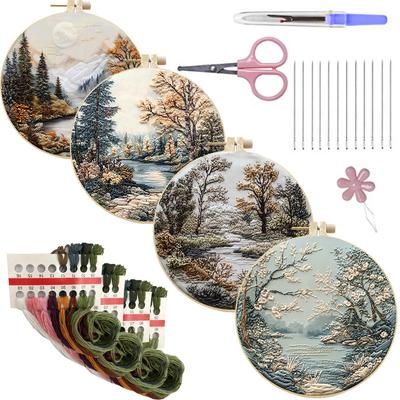 1pc Automne/Hiver Paysage Forestier Broderie DIY Kit d'Artisanat en Tissu avec Outils