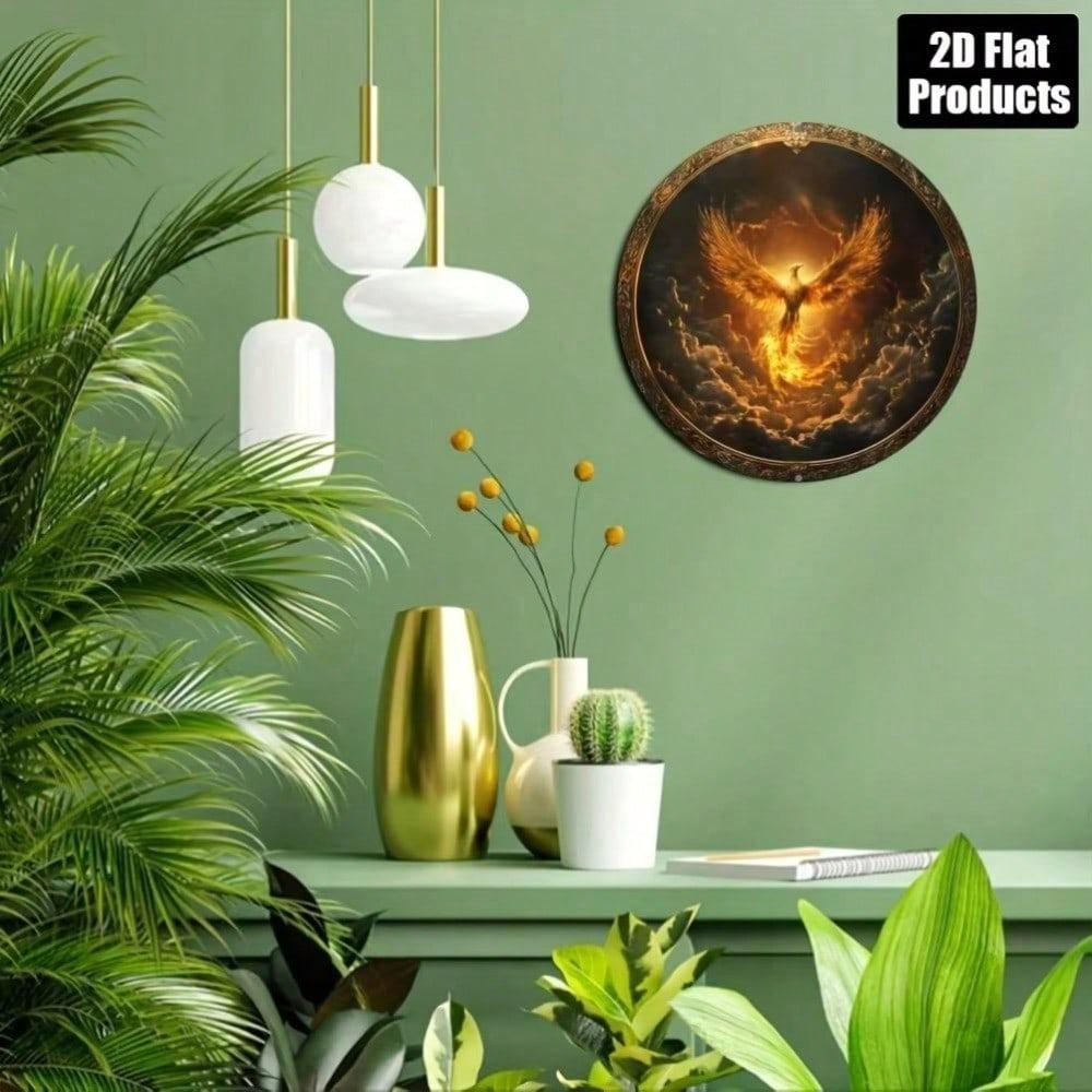 1 Stück Vintage Phönix Metall Wandkunst Runde Aluminiumplakette Goldene Flügel Sonnenuntergang Himmel Haus Zimmer Dekor