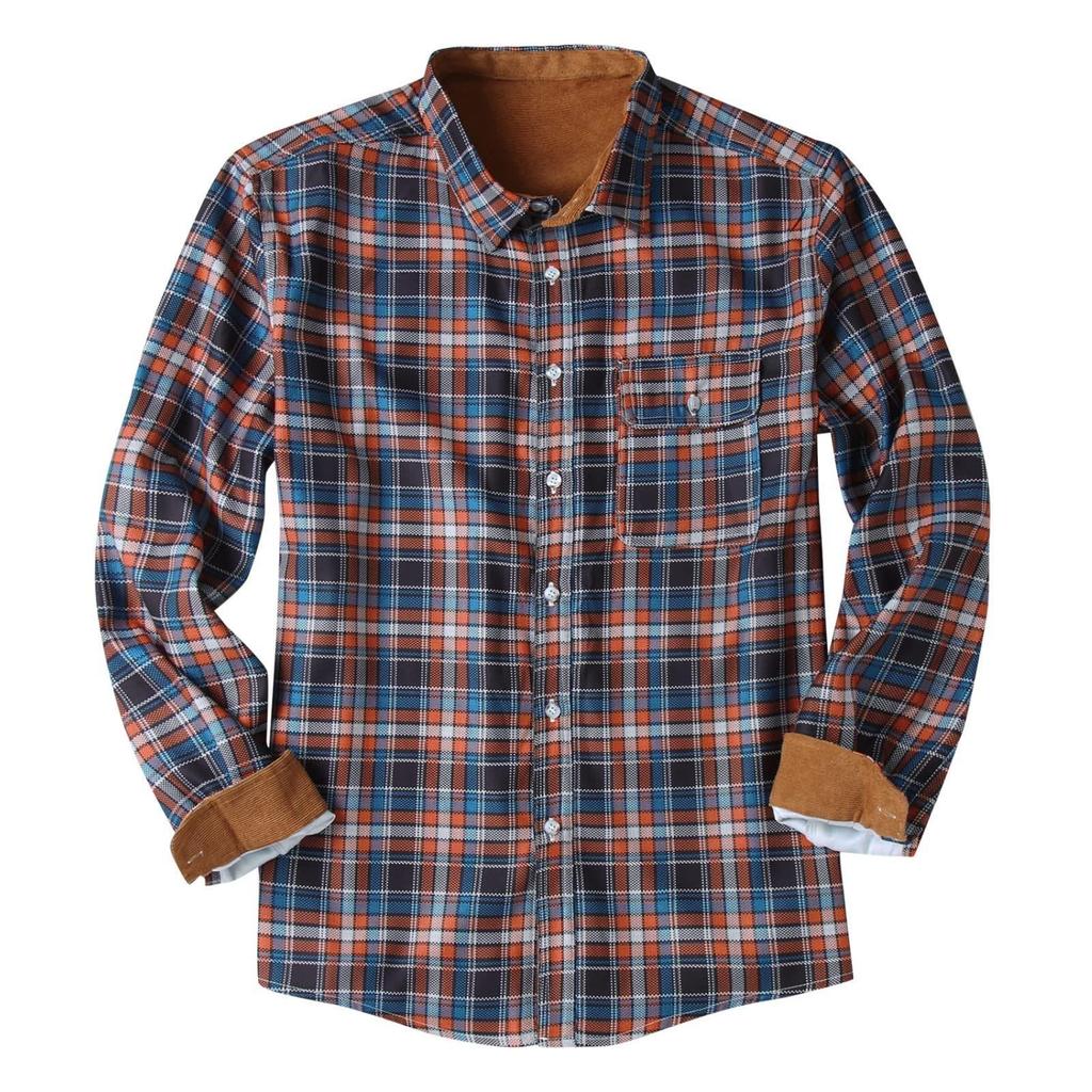 Men's Fashion Casual Loose Plaid Pocket Lapel Long Sleeve Shirt Top Blouse