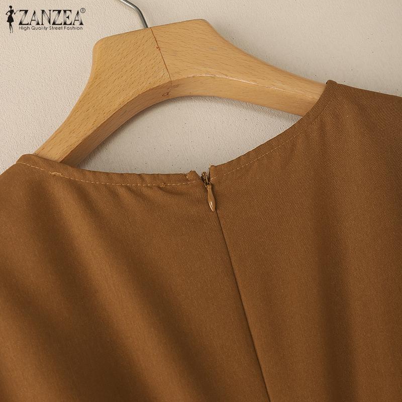 ZANZEA Women Casual Round Neck Solid Color Summer Short Sleeve Dress