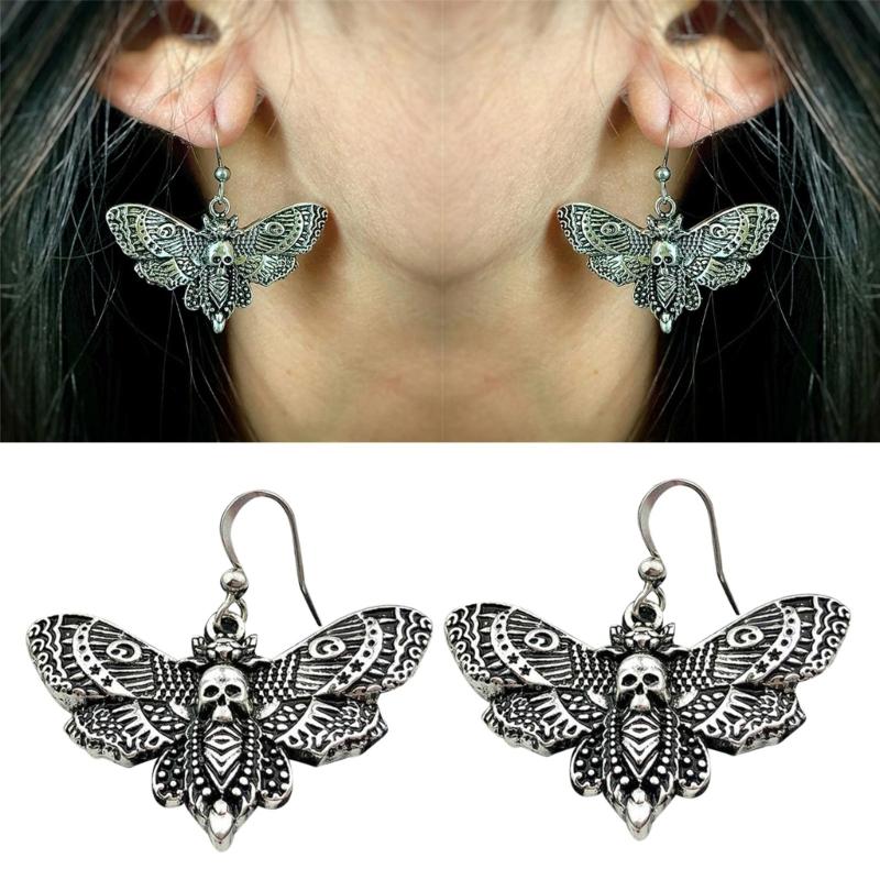 Goth Gothic Death Skull Moth Chain Earrings for Men Women Pendant Choker Earrings Vintage Punk Jewelry New Fashion