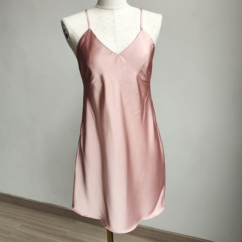 Women's Red V-Neck Spaghetti Strap Nightgown with Chest Pads - Ice Silk Pajamas for Spring and Autumn