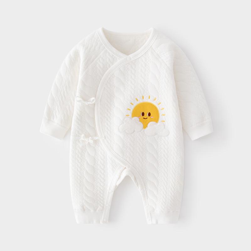 

Newborn Pure Cotton Tie-Up Bodysuit: Quilted, Warm, Easy On/Off Jumpsuit for Autumn/Winter Crawling with Belly Protection. 59cm (for 3.5-6.9kg, 52-59cm)