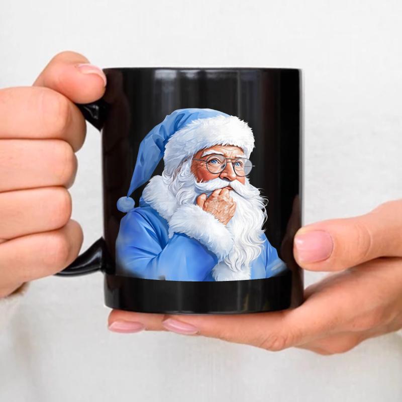 Black ceramic mug with Santa blue suit design, perfect for Christmas coffee or tea чёрный