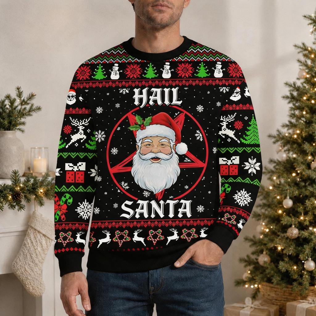 Men's Casual Neck Pullover Sweatshirt with Christmas Print
