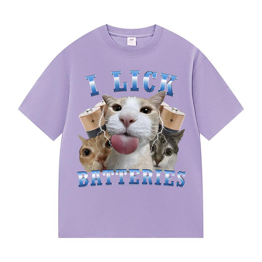 I Lick Batteries Funny Cat Meme Tshirt Men's Women Kawaii Cat Lover Gifts T-shirt Summer O-Neck High Quality 100% Cotton T-shirt