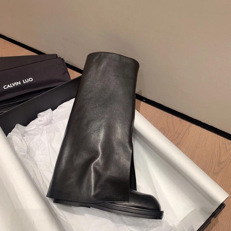 Cowhide version~ thick-soled trouser boots women's fried street high boots women's Maillard straight but knee knight boots women's tide