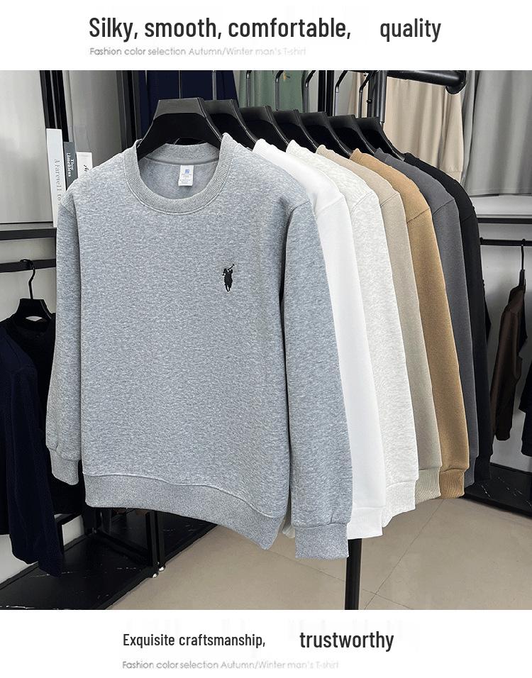 Schwergewichtiger 550g Herren-Hoodie mit Stickerei und Fleece-Futter, Rundhalsausschnitt, Langarm, Warme und lässige Basisschicht