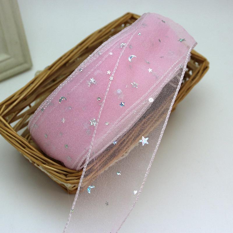 (5 Yards/roll) Stars Silk Organza Ribbon Bow Material for Hair Print Flower Decoration Lace Ribbons