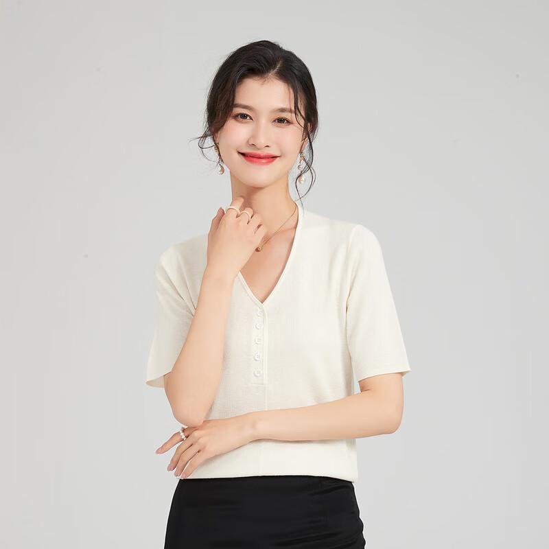 Jinjuan Women s Wool Blend Short Sleeve V-Neck Knit Top L