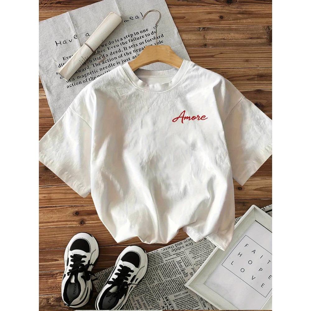 Damen-T-Shirt mit "Amore Pasta Vino E Basta" (Liebe Pasta, Wein und das ist genug) Italienische Essensgrafik, Kurzarm.Y2K