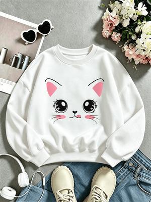 Kids Crewneck Sweatshirt,Cute Cartoon Cat Print Long Sleeve Pullover, Loose Casual Girls Sweatshirt for Autumn Winter Daily Wear