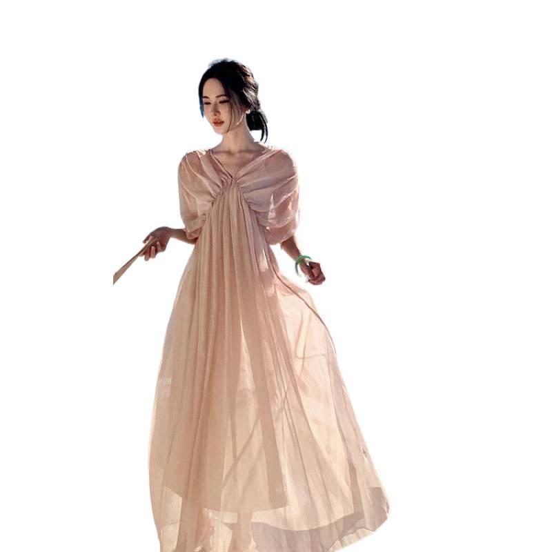 French High-end Chiffon Dress for Women's Beach Vacation Collar, Thin Temperament Long Dress for Women's Autumn