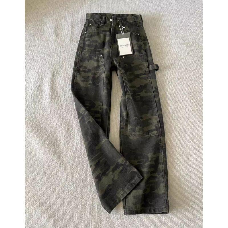 

Маленькие брюки 2025 Лето Новое поступление Камуфляжный деним Женские Армейский зеленый камуфляж Брюки Прямые камуфляжные брюки карго Fan Color pants 155-165 XL
