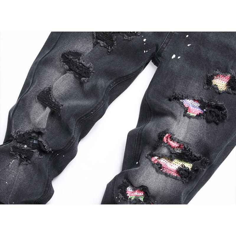 New Style Street Fashion Youth Black Distressed Patch Trendy Elastic Slim-fit Cropped Jeans Straight-leg Men 3531