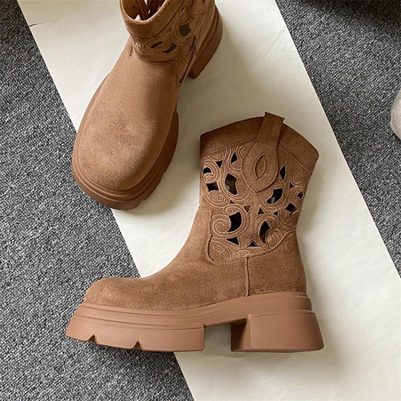 Fashion Retro Western Suede Short Boots Breathable Heightening Women's Botines Versatile Round Toe Mid-Calf Cowboy Boots Botas Mujer