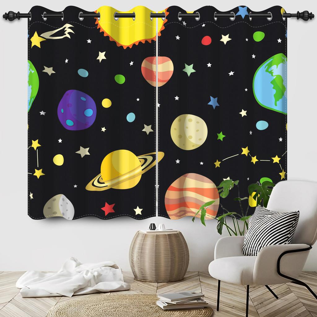 2Pcs/Set Planet Earth Black Window Curtain Night Sky Round Moon Home Bedroom Living Room Decoration Blackout Polyester Curtains