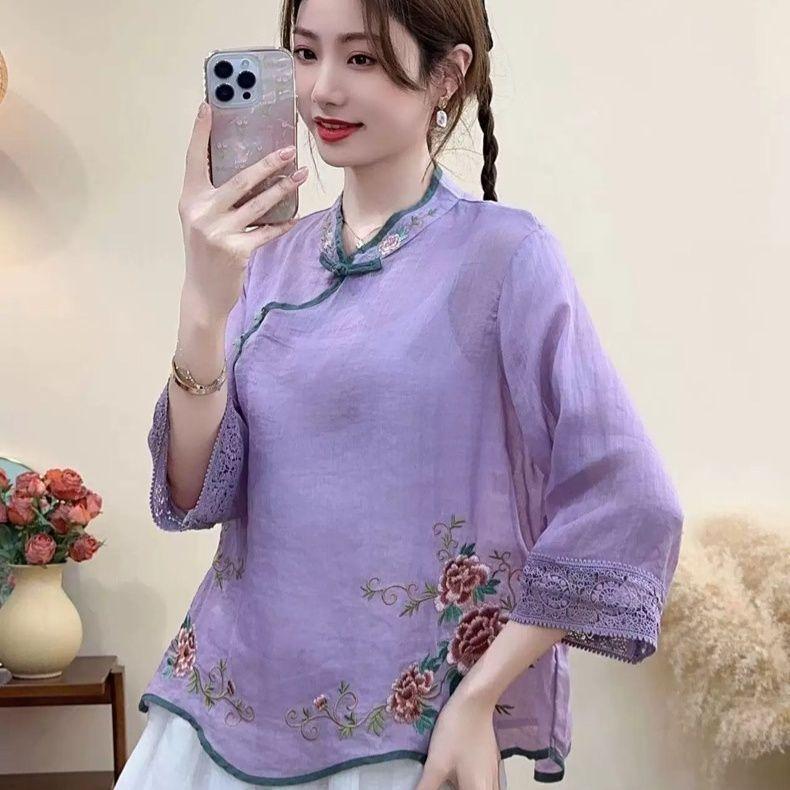 

Летняя новая хлопково-льняная блузка с рукавом средней длины в национальном стиле, с вышивкой, с этнической застежкой на косую планку 3XL фиолетовый