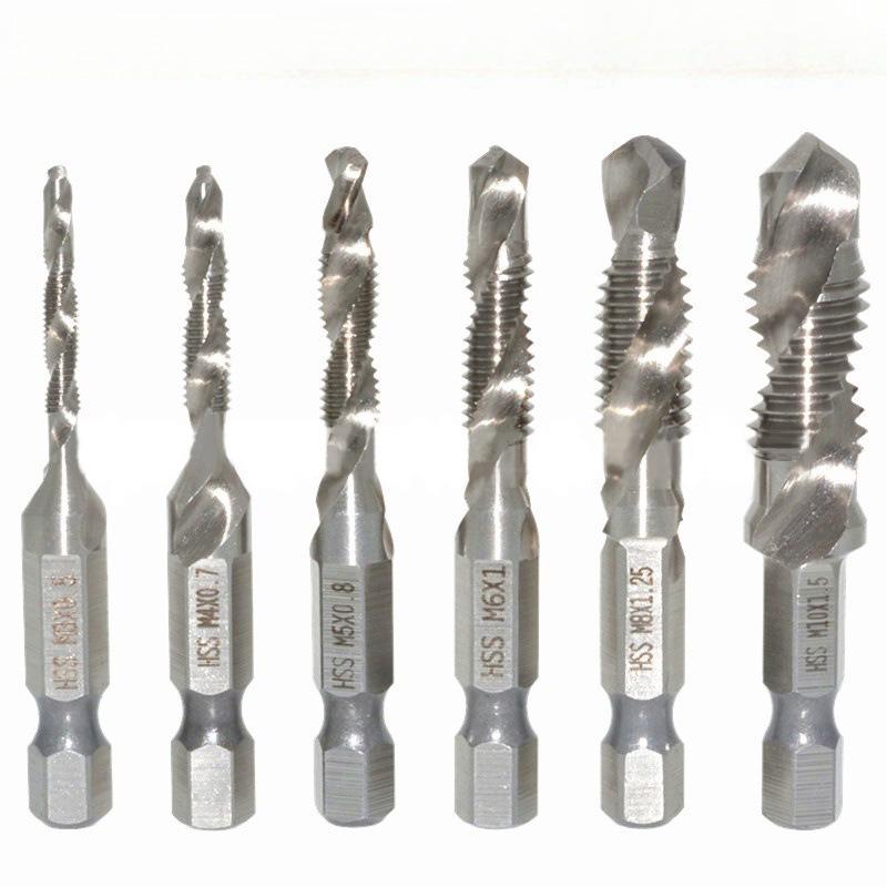 

6 шт./набор быстрорежущая сталь шестигранный хвостовик три в одном композитный метчик, сверление и нарезание резьбы зенкование интегрированное спиральное машинное нарезание резьбы, спиральный метчик