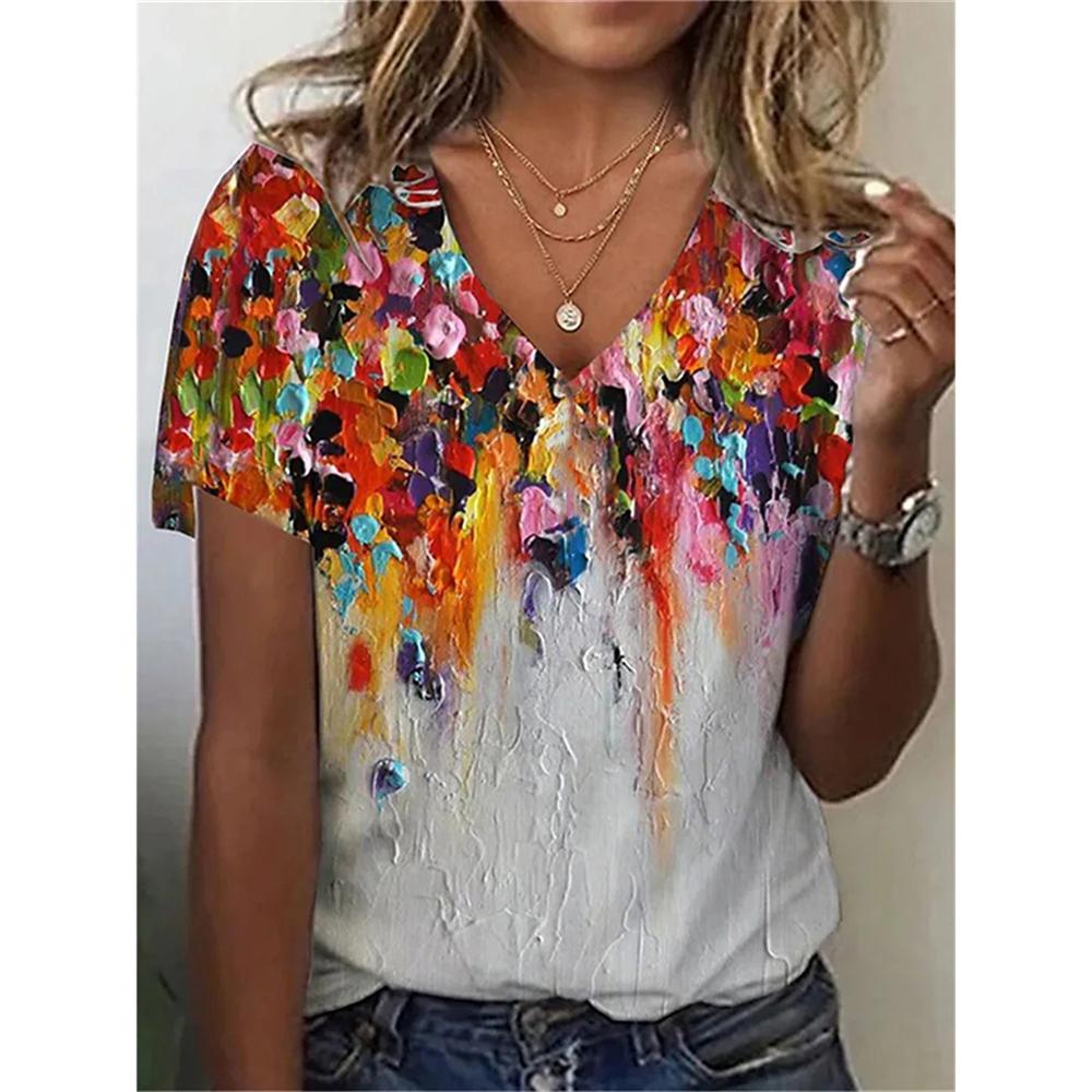 Flower Floral 3D Print T-Shirts Women Streetwear Summer Harajuku T Shirt Y2k Tops V-Neck Tees Woman Female Oversized Clothing