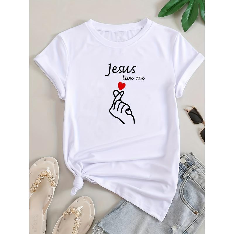 European Size 2026 Summer Harajuku Short Sleeve Round Neck T-Shirt with " Loves Me" Heart Hand Print Casual Top