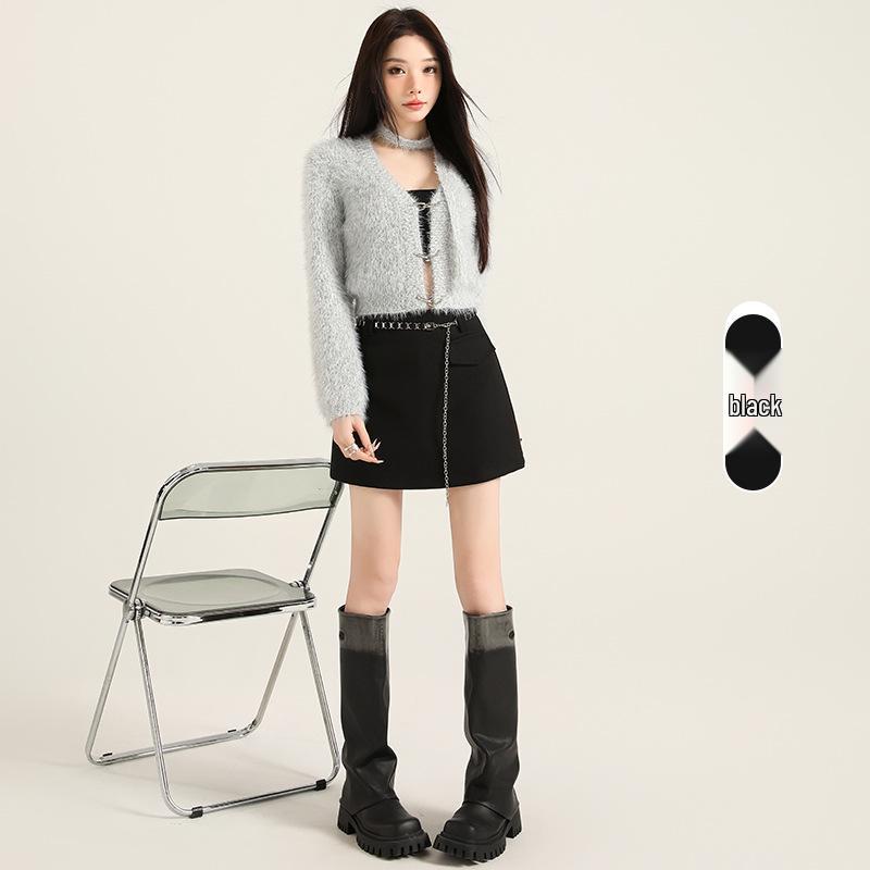 Women s 2026 Retro Plaid Woolen Chain High-Waist Bodycon A-line Skirt M