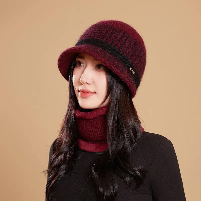 Rabbit Fur Blended Fisherman Hat Mother Female Wool Hat Season Grandma Warm Knitted Basin Hat