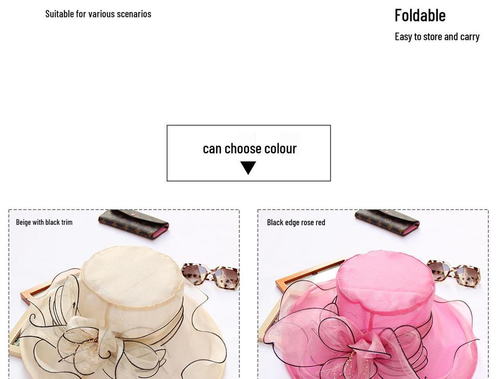 Women's Summer Foldable Sun Hat: European & American Style Fedora with Flower Organza Design