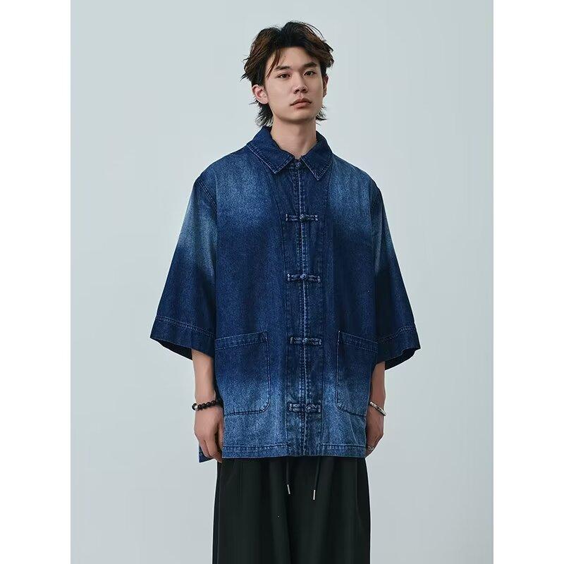 

Летняя новая джинсовая куртка в китайском стиле в винтажном стиле для мужчин и женщин, свободный джинсовый топ с ретро-пуговицей 3XL синий