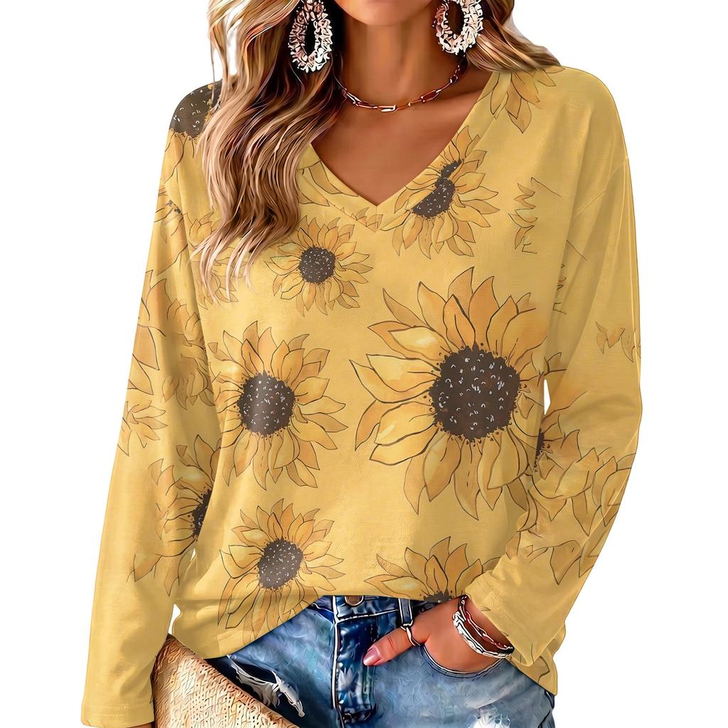 Women's V-Neck Long Sleeve Print Blouse Lightweight for Spring Summer