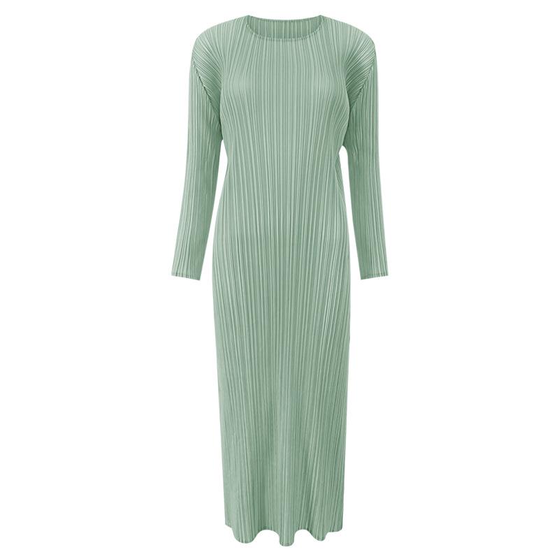 Miyake Dámské klasické šaty s dlouhým rukávem, slim fit, s rozparkem – středně dlouhé, jednobarevné, na jaro a podzim.