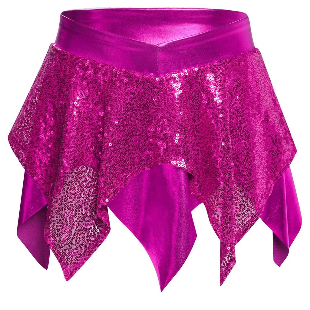 Girls Jazz Dance Costume Sparkly Sequins Metallic Asymmetric Skirt Performance Dancewear